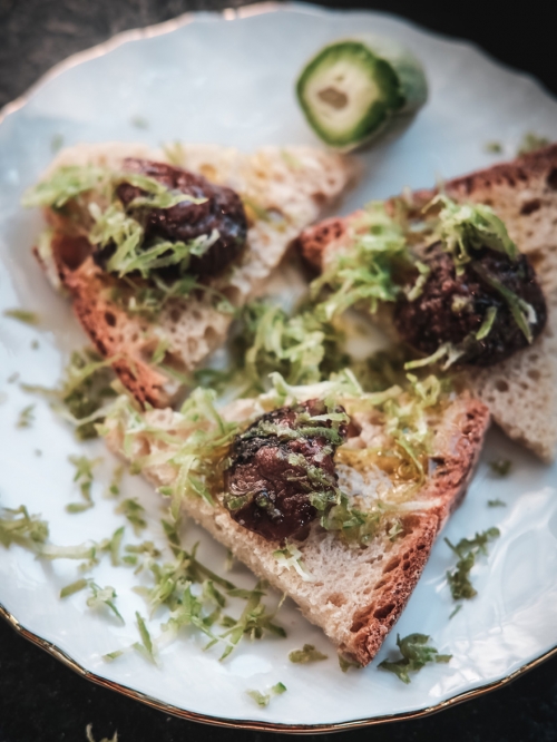 Grated Green Almonds with Smoked Salmon liver
